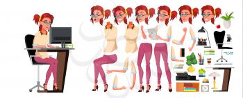 Office Worker Vector. Woman. Animation Creation Set. Lifestyle Generator. Professional Officer, Clerk. Front, Side, Back View Businessman Female Lady Emotions Isolated Illustration