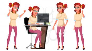 Office Worker Vector. Woman. Poses Set. Lifestyle Generator. Productivity. Successful Officer, Clerk, Servant. Front, Side View Business Woman Worker Face Emotions Gestures Isolated Illustration