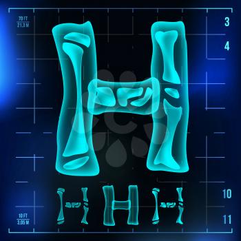 H Letter Vector. Capital Digit. Roentgen X-ray Font Light Sign. Medical Radiology Neon Scan Effect. Alphabet. 3D Blue Light Digit With Bone. Medical, Pirate, Horror Style. Illustration