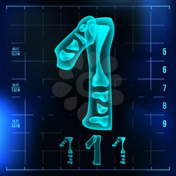 1 Number Vector. One Roentgen X-ray Font Light Sign. Medical Radiology Neon Scan Effect. Alphabet. 3D Blue Light Digit With Bone. Medical, Pirate, Futuristic Style. Illustration