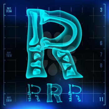 R Letter Vector. Capital Digit. Roentgen X-ray Font Light Sign. Medical Radiology Neon Scan Effect. Alphabet. 3D Blue Light Digit With Bone. Medical, Pirate, Horror Style. Illustration