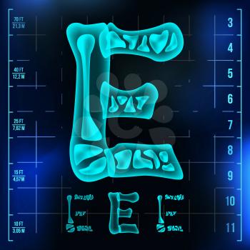 E Letter Vector. Capital Digit. Roentgen X-ray Font Light Sign. Medical Radiology Neon Scan Effect. Alphabet. 3D Blue Light Digit With Bone. Medical, Pirate, Futuristic Style. Illustration