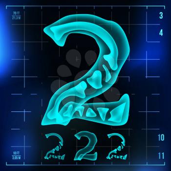 2 Number Vector. Two Roentgen X-ray Font Light Sign. Medical Radiology Neon Scan Effect. Alphabet. 3D Blue Light Digit With Bone. Medical, Hospital, Futuristic Style. Illustration