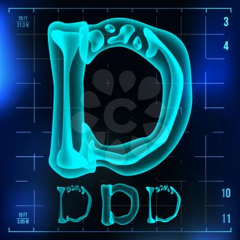 D Letter Vector. Capital Digit. Roentgen X-ray Font Light Sign. Medical Radiology Neon Scan Effect. Alphabet. 3D Blue Light Digit With Bone. Medical, Hospital, Horror Style. Illustration