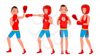 Boxer Training Vector. Boxing Sport. Athlete In Action. Healthy Lifestyle. Isolated Flat Cartoon Character Illustration