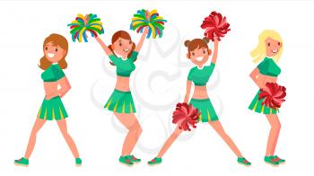 Cheerleading Team Vector. In Action. Sport Fan Dancing. Posing With Pompoms. Raising Hands Up. Competition. Flat Cartoon Illustration