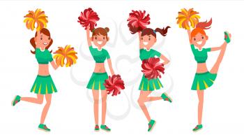 Female Cheerleader Vector. Different Poses. Dancing Sheerleading Woman Team. Gymnast Team In Uniform. Isolated On White Cartoon Character Illustration