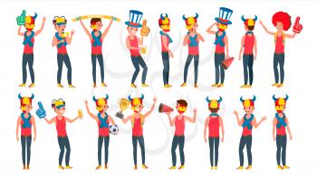 Man Supporting Sport Team Vector. Different Poses. People On Football, Soccer, Hockey Field Bleachers. In Action. Flat Cartoon Illustration