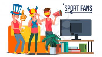 Sport Fans Group Vector. Fan Attributes. Watching TV On Couch. Isolated Flat Cartoon Illustration
