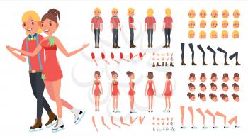 Figure Skating Couple Vector. Woman And Male. Ice Skating. Animated Character Creation Set. Full Length, Front, Side, Back View, Face Emotions, Gestures. Flat Cartoon Illustration