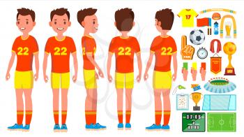 Soccer Young Man Player Vector. Man. Modern Championship. Kick. Flat Athlete Cartoon Illustration
