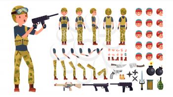 Soldier Male Vector. Animated Character Creation Set. Military Man Full Length, Front, Side, Back View, Accessories, Poses, Face Emotions, Gestures Army Soldier Uniform Illustration