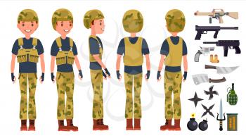 Soldier Male Vector. Poses. Silhouette. Playing In Different Poses. Man Military. War.Ready For Battle. Army. Isolated On White Cartoon Character Illustration