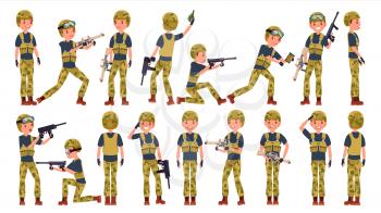 Soldier Man Set Vector. Poses. Army Person. Camouflage Uniform. Shooter. Saluting. Cartoon Military Character Illustration