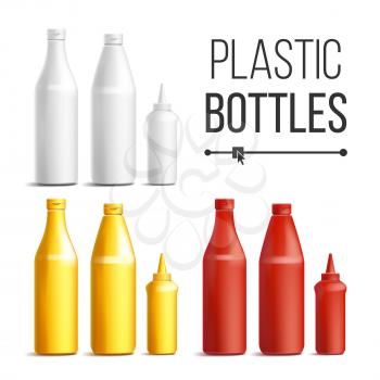 Blank White, Red, Yellow Plastic Bottles Vector. 3D Realistic Blank. Plastic Red Tomato, Mustard, Sauce, Mayonnaise Bottles. Mock Up Good For Branding Design. Isolated On White Background