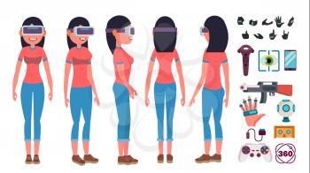 Woman In Virtual Reality Glasses Vector. Poses. 360 Game. Flat Illustration