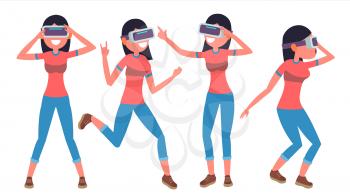 Woman In Virtual Reality Glasses Vector. Cyberspace Concept. 3D VR Glasses. Poses. Flat Illustration