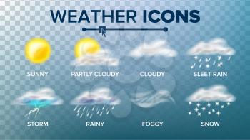 Weather Icons Set Vector. Sunny, Cloudy Storm, Rainy, Snow, Foggy. Good For Web, Mobile App. Isolated On Transparent Background