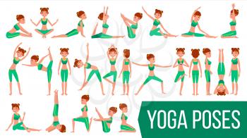 Yoga Female Vector. In Action. Meditation Positions. Flexible Girl. Cartoon Character Illustration