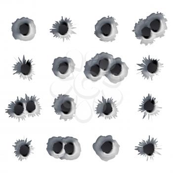 Metal Bullet Holes Set Vector. Realistic Caliber Weapon Holes Punched Through Metal Isolated. Gunshot Cracked Bullets Holes. Effect Damage Illustration