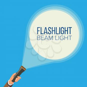 Flashlight And Hand Vector. Business, Web Search Concept. Pointing And Being Guided. Spotlight And Beam Light. Flat