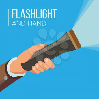 Hand Holding Flashlight Vector. Business Search Concept. Electric Spotlight And Beam Light. Bright Ray. Flat