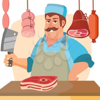 Happy Butcher Vector. Standing Butcher Man With Knife. Natural Meat. For Steak, Meat Market, Storeroom Advertising Concept. Cartoon Isolated Illustration.