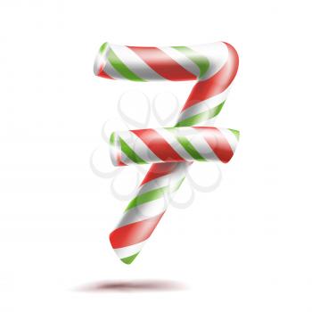 7, Number Seven Vector. 3D Number Sign. Figure 7 In Christmas Colours. Red, White, Green Striped. Classic Xmas Mint Hard Candy Cane. New Year Design. Isolated