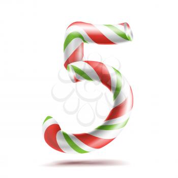 5, Number Five Vector. 3D Number Sign. Figure 5 In Christmas Colours. Red, White, Green Striped. Classic Xmas Mint Hard Candy Cane. New Year Design. Isolated