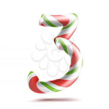 3, Number Three Vector. 3D Number Sign. Figure 3 In Christmas Colours. Red, White, Green Striped. Classic Xmas Mint Hard Candy Cane. New Year Design. Isolated