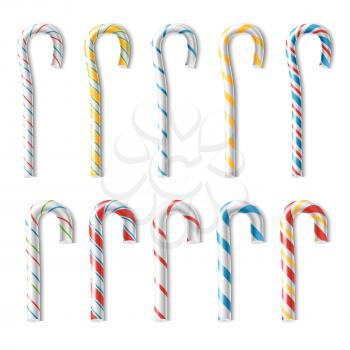 Xmas Candy Cane Vector. Set Isolated On White. Top View. Good For Christmas Card And New Year Design. Realistic Illustration