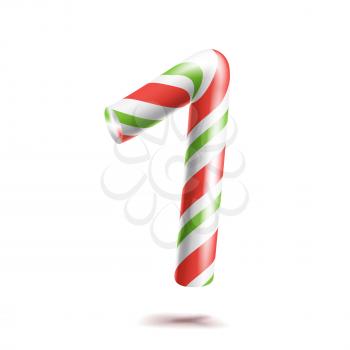 1, Number One Vector. 3D Number Sign. Figure 1 In Christmas Colours. Red, White, Green Striped. Classic Xmas Mint Hard Candy Cane. New Year Design. Isolated