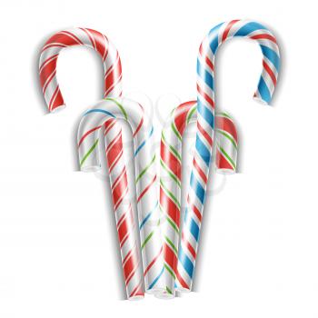Realistic Candy Cane Vector. Classic Stick Christmas Candy Cane. Set Isolated On White. Top View. Good For Xmas Card And New Year Design. Realistic Illustration