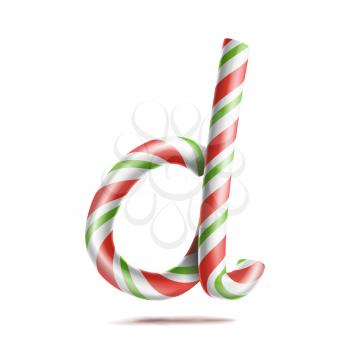 Letter D Vector. 3D Realistic Candy Cane Alphabet Symbol In Christmas Colours. New Year Letter Textured With Red, White. Typography Template. Striped Craft Isolated Object. Xmas Art