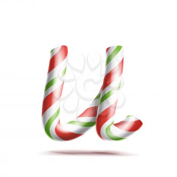 Letter U Vector. 3D Realistic Candy Cane Alphabet Symbol In Christmas Colours. New Year Letter Textured With Red, White. Typography Template. Striped Craft Isolated Object. Xmas Art