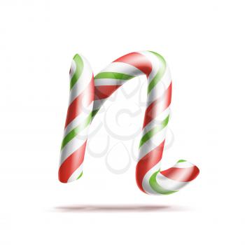 Letter N Vector. 3D Realistic Candy Cane Alphabet Symbol In Christmas Colours. New Year Letter Textured With Red, White. Typography Template. Striped Craft Isolated Object. Xmas Art
