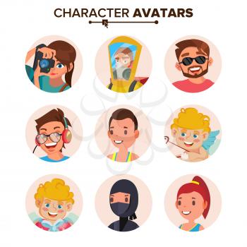 People Avatars Set Vector. Face, Emotions. Default Character Avatar Placeholder. Flat, Cartoon, Comic Art Flat Isolated Illustration
