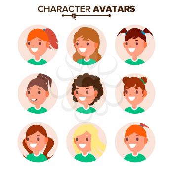 Girl Character Avatar Set Vector. Woman Face, Emotions. Default Female Avatar Placeholder Collection. Cartoon, Comic People Art Flat Illustration