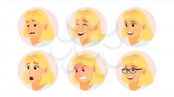 Business Woman Avatar Vector. Blonde Woman Face, Emotions Set. Female Placeholder. Modern Business Girl Avatar Set. Face Isolated Illustration