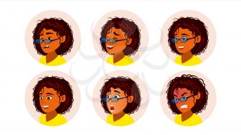 African Black Woman Avatar Vector. African American Woman Face, Emotions Set. Character Business People. Illustration