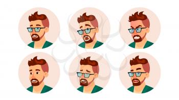 Hipster Man Avatar Vector. Creative Modern Hipster Man Face, Emotions Set. Character Business People. Illustration