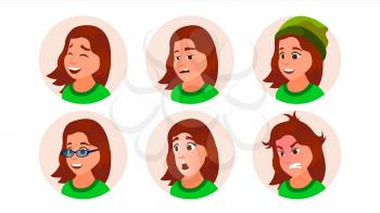 Young Girl Avatar Vector. Teen Woman Face, Emotions Set. Character People. Cartoon Illustration