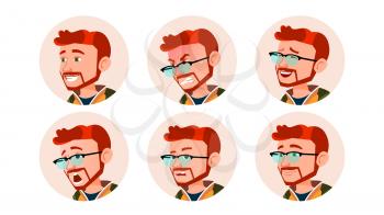 Man Avatar People Vector. Comic Emotions. Red Head, Ginger Flat Handsome Manager. Happy, Unhappy. Laugh, Angry Cartoon Illustration