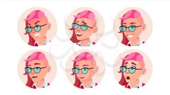 Woman Avatar People Vector. Facial Emotions. Emo, Freak Hairstyle. Pink. User Person. Beauty Lady. Happy, Unhappy. Expressive Picture Isolated Flat Cartoon Illustration