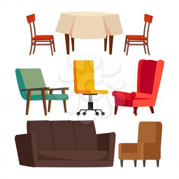 Cartoon Furniture Set Vector. Sofa, Chair, Table, Office Chair Flat Isolated