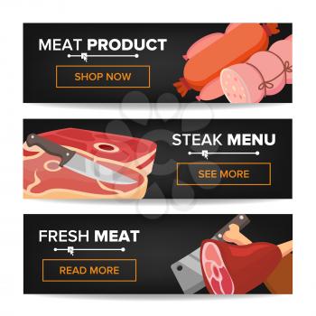 Meat Product Horizontal Promo Banners Vector. Beef And Pork Sausage. For Butcher Shop Promo. Isolated