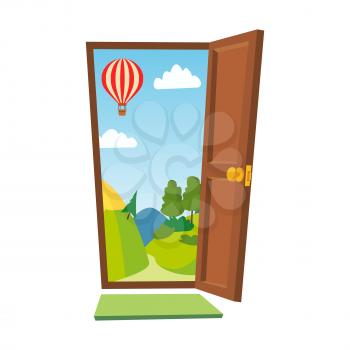 Opened Door Vector. Cartoon Flat Summer Landscape. Front View. Freedom Concept. Isolated Illustration.