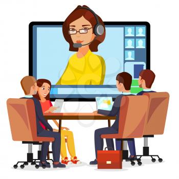 Video Meeting Online Vector. Woman And Chat. Ceo And Employees. Business Meeting, Consultation, Conference Office, Seminar, Online Training Concept. Flat Cartoon