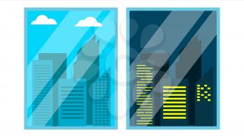 Day, Night Window View Vector. Scene. Skyscraper, Sky. Night Office City Lights. Window Time View. Morning Afternoon. Isolated Illustration