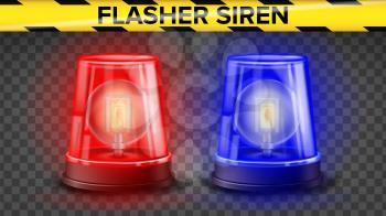 Red And Blue Flasher Siren Vector. 3D Realistic Object. Light Effect. Rotation Beacon. Police Cars Ambulance. Emergency Flashing Siren. Isolated On Transparent Background